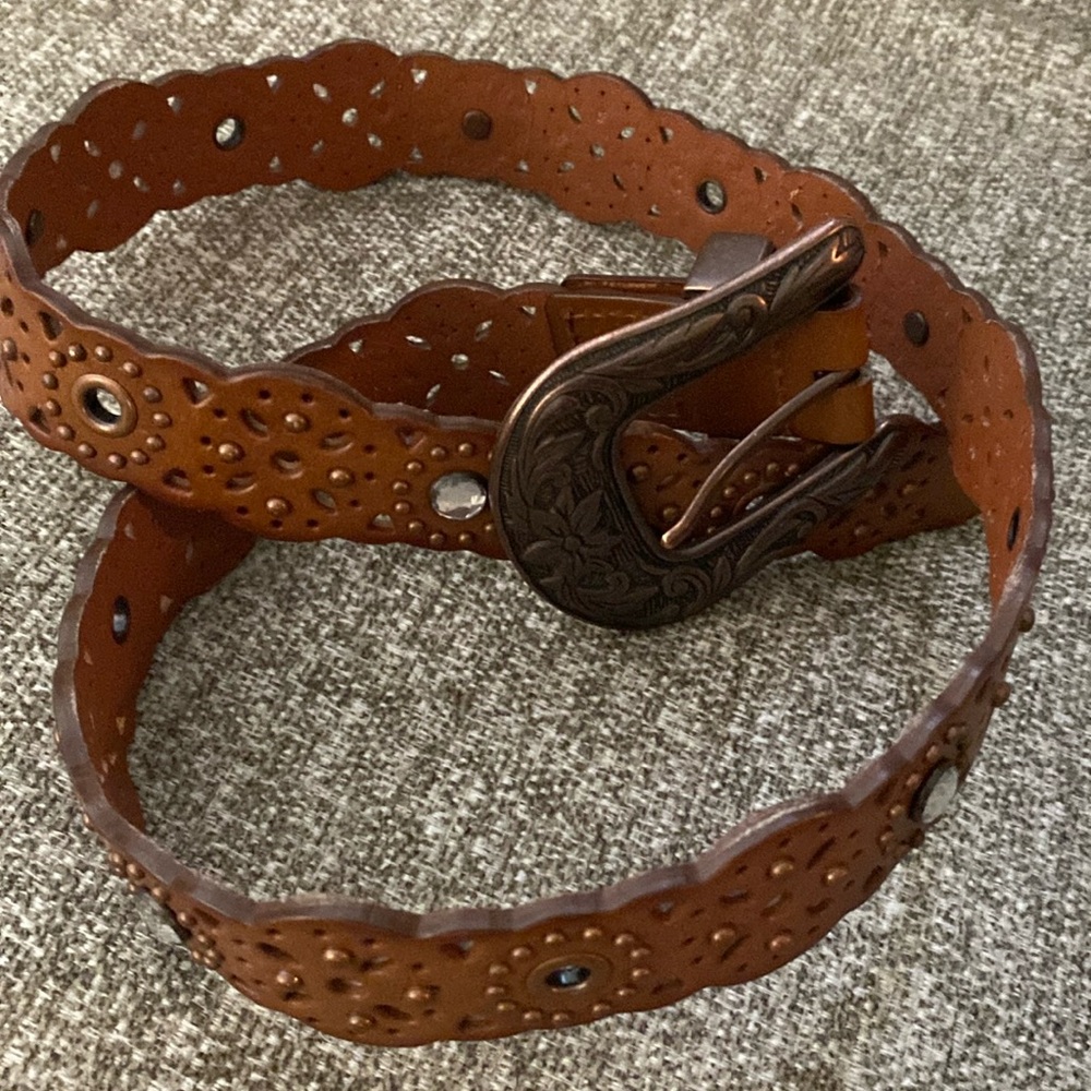 Bonded Leather Westen Cutout Jewel Studded Belt M